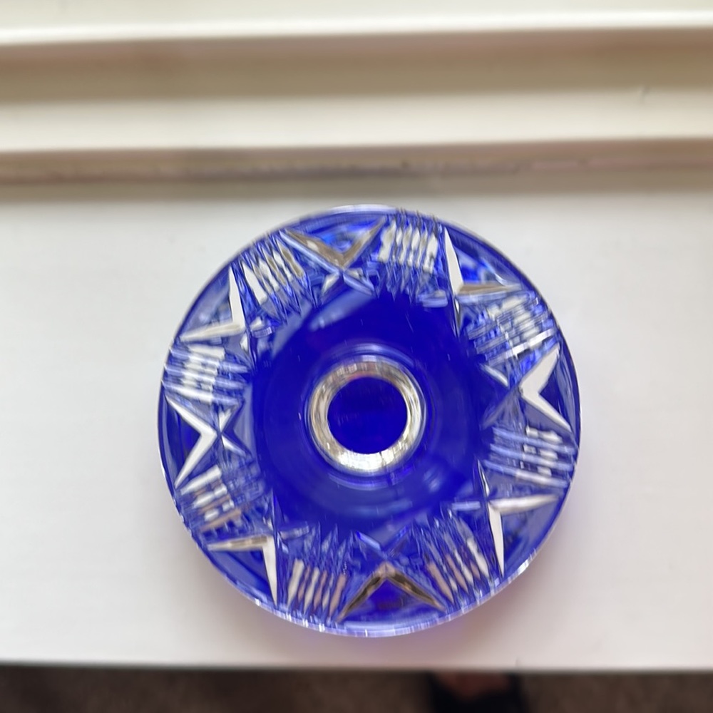 Sold Bohemian Cut to clear blue Candy Dish with etching work - Picture 3 of 3